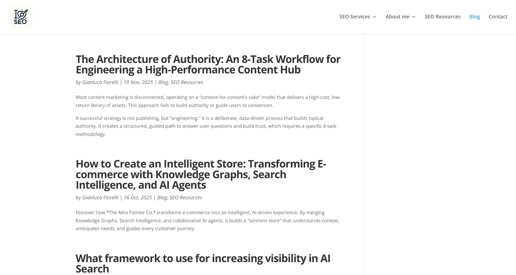 Blog page showing three SEO articles by Gianluca Fiorelli about content authority, e-commerce AI, and AI search visibility