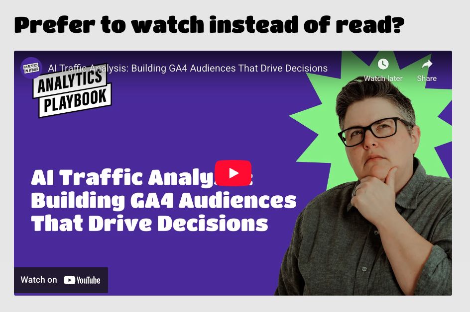 A screenshot of Dana DiTomaso's AI Traffic Analysis video embedded in an Analytics Playbook blog post.