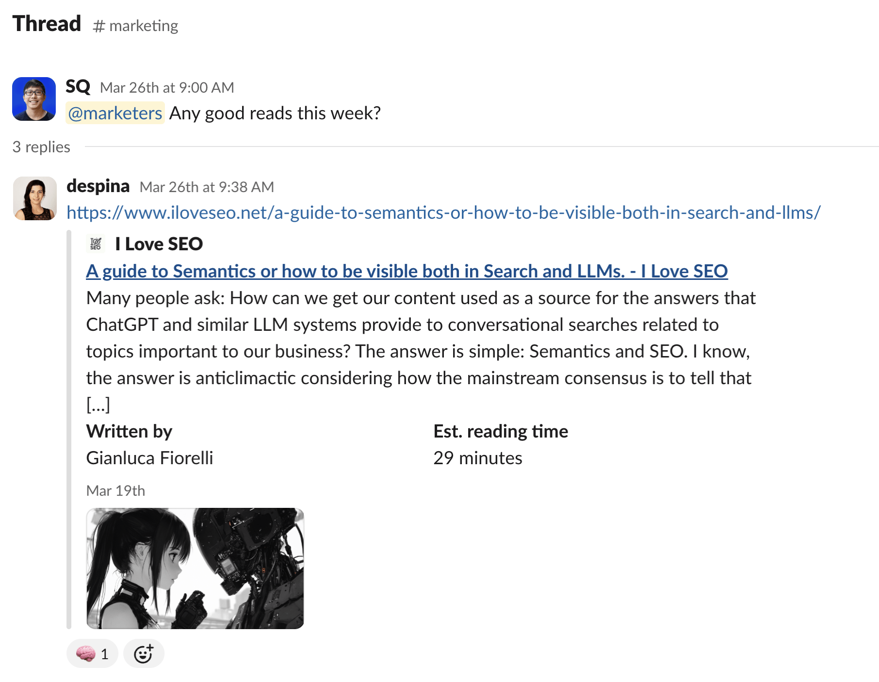A Slack interaction between SQ, who asks the marketing channel if they've read anything good this week, and Despina who replies with an I Love SEO guide to Semantics, and how to be visible in Search and LLMs