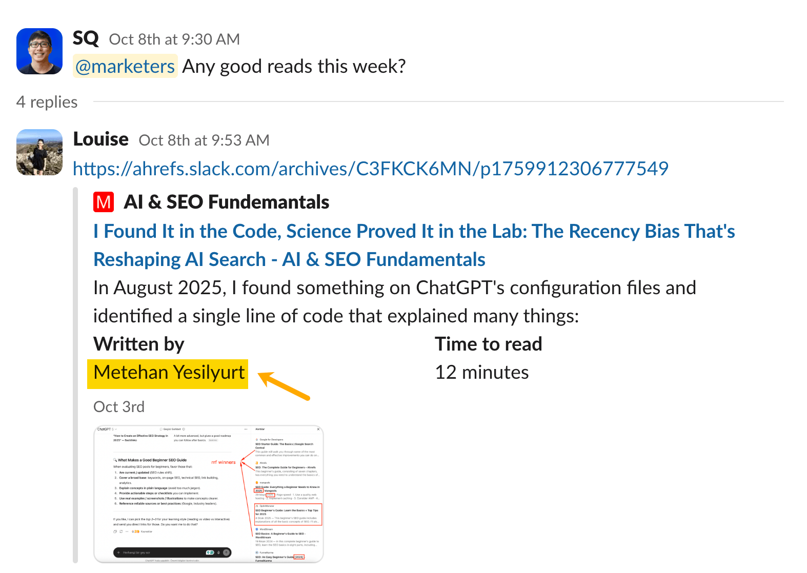 Slack conversation showing a shared article about the recency bias in AI search, written by Metehan Yeşilyurt.