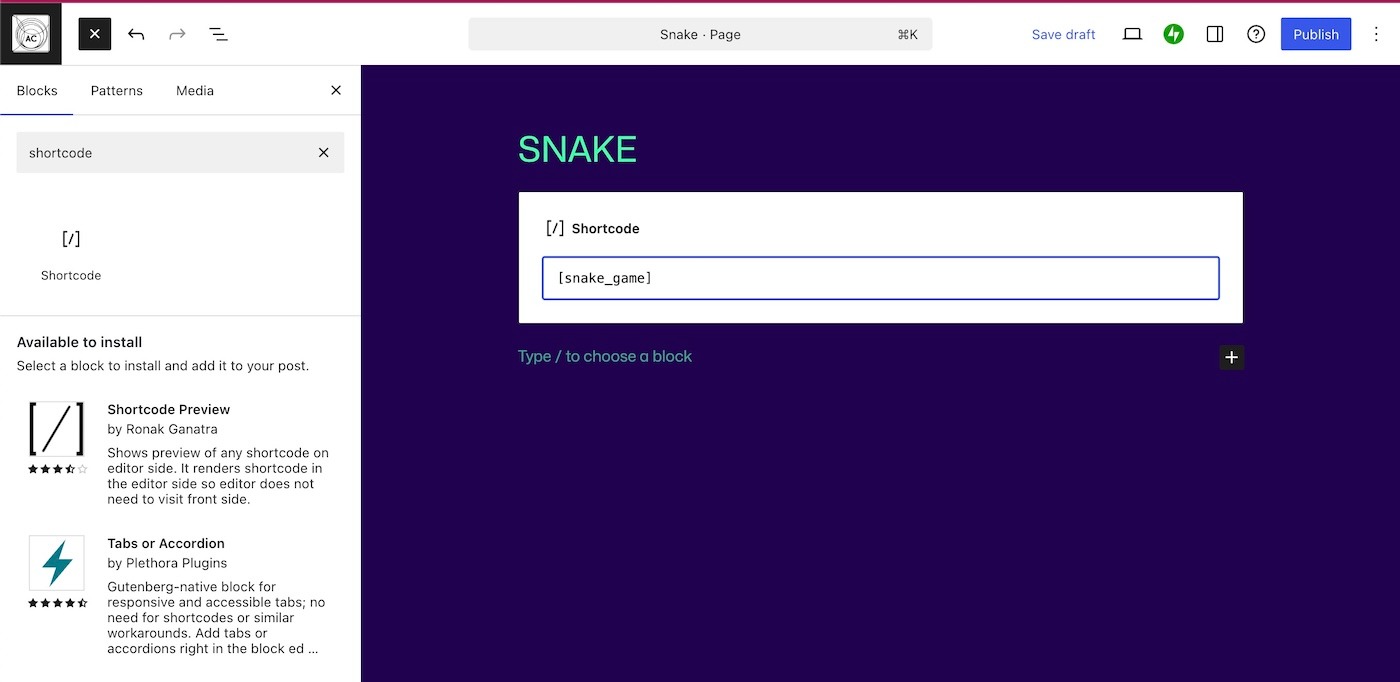 Adding the snake game shortcode