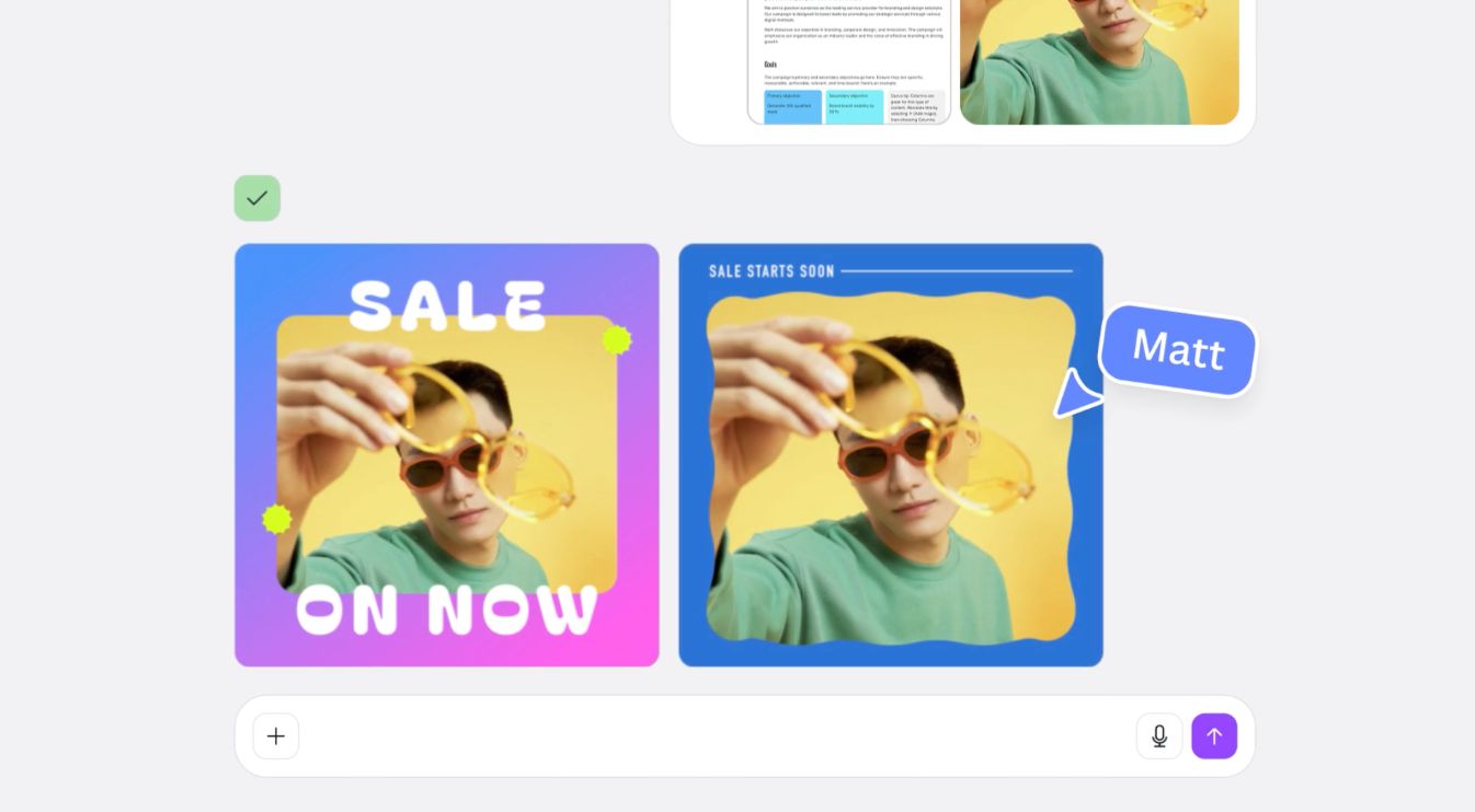 Messaging interface displaying two promotional images with a person holding sunglasses and text stating 'Sale on now/Sale starts soon.' User "Matt" is mentioned.