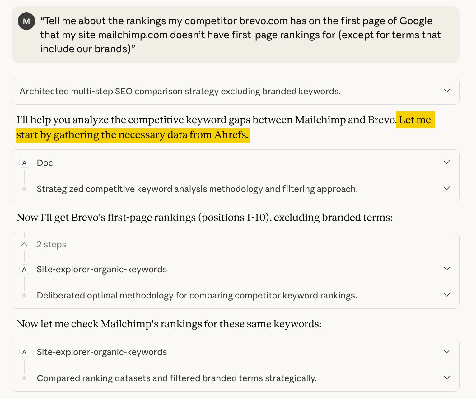 Screenshot of a plan to analyze Mailchimp vs Brevo SEO rankings. Mentions excluding branded keywords and using Ahrefs data.