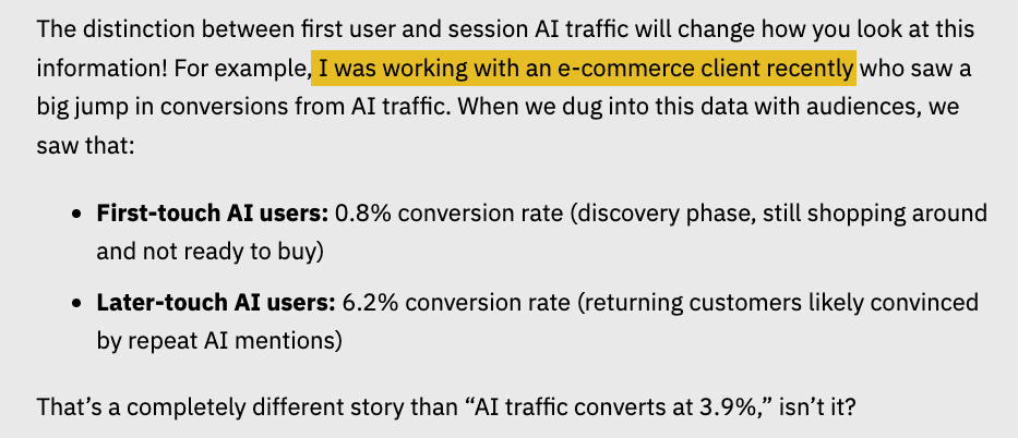 Text excerpt explaining difference between first-touch (0.8% conversion) and later-touch (6.2% conversion) AI traffic rates for e-commerce.