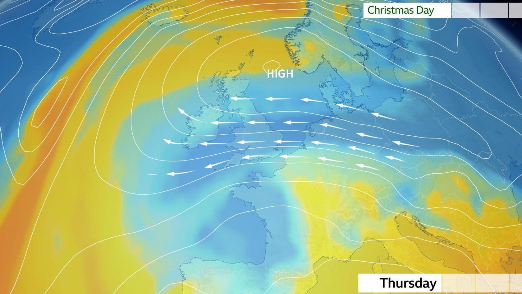 A weather map of the expected pressure pattern on Christmas Day, with high pressure centred just to the north-east of the UK. White arrows on the map signify easterly winds.
