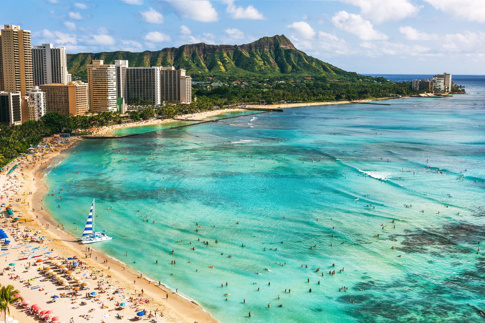 Waikiki beach and Diamond Head mountain peak at sunset Oahu