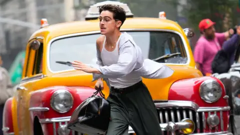 Getty Images Timothee Chalamet is seen on the set of "Marty Supreme" on October 7, 2024 in New York City