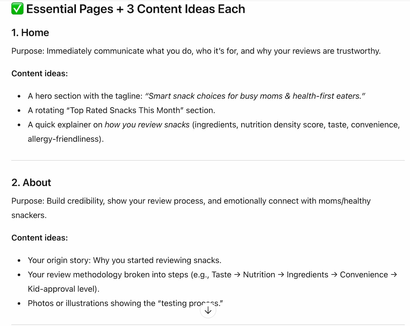 The suggested page and content ideas generated by ChatGPT