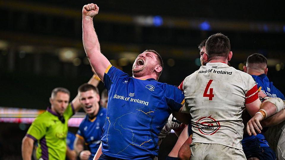 Tadhg Furlong celebrates a Leinster try