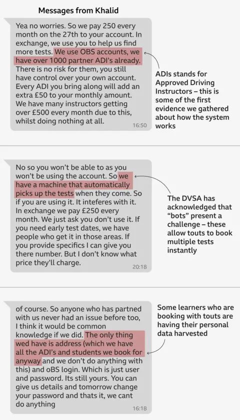 A mock-up image of three WhatsApp messages sent by Khalid, explaining how the system works. The images are annotated. On the first message, "partner ADIs" is highlighted and the annotation says: ADIs stands for approved driving instructors - this is some of the first evidence we gathered about how the system works. The second message is annotated with: "The DVSA has acknowledge that 'bots' present a challenge - these allow touts to book multiple tests instantly. The third message shows that some learners who are booking with touts are having their personal data harvested.