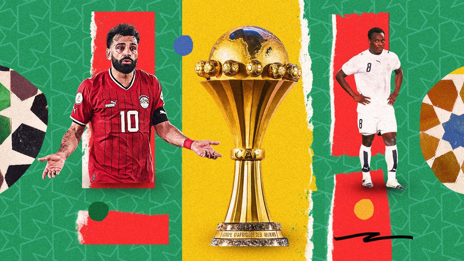 A colourful graphic showing Mohamed Salah on the left shrugging his shoulders in a red Egypt shirt, the Africa Cup of Nations trophy in the centre and Michael Essien looking dejected with hands on hips in an all-white Ghana kit