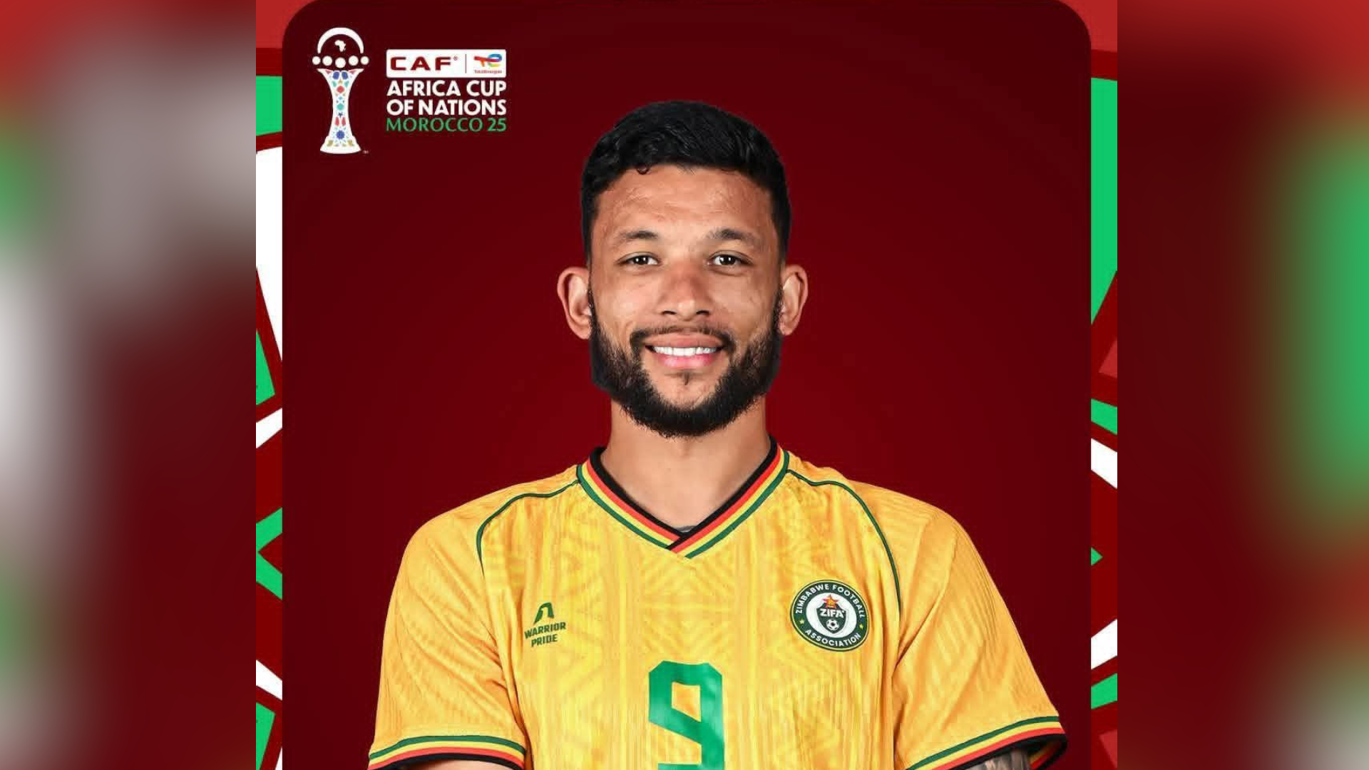 Bonne smiles at the camera wearing the Zimbabwe yellow shirt with a green number 9. The shirt has red, black and yellow edging around the neck and arms and a circular logo on the chest.