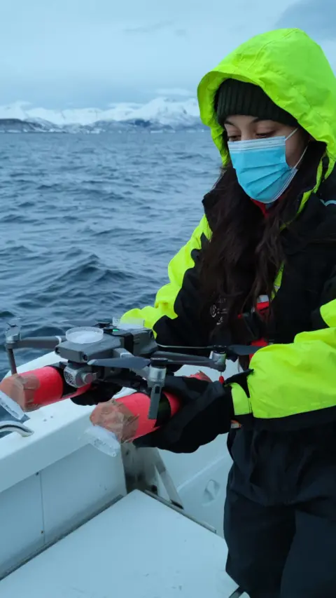 Nord University A research scientist dressed in a wet weather gear holds a drone on a boat. Behind is a choppy sea with ice flows.
