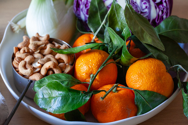 winter cabbage salad with mandarins and cashews