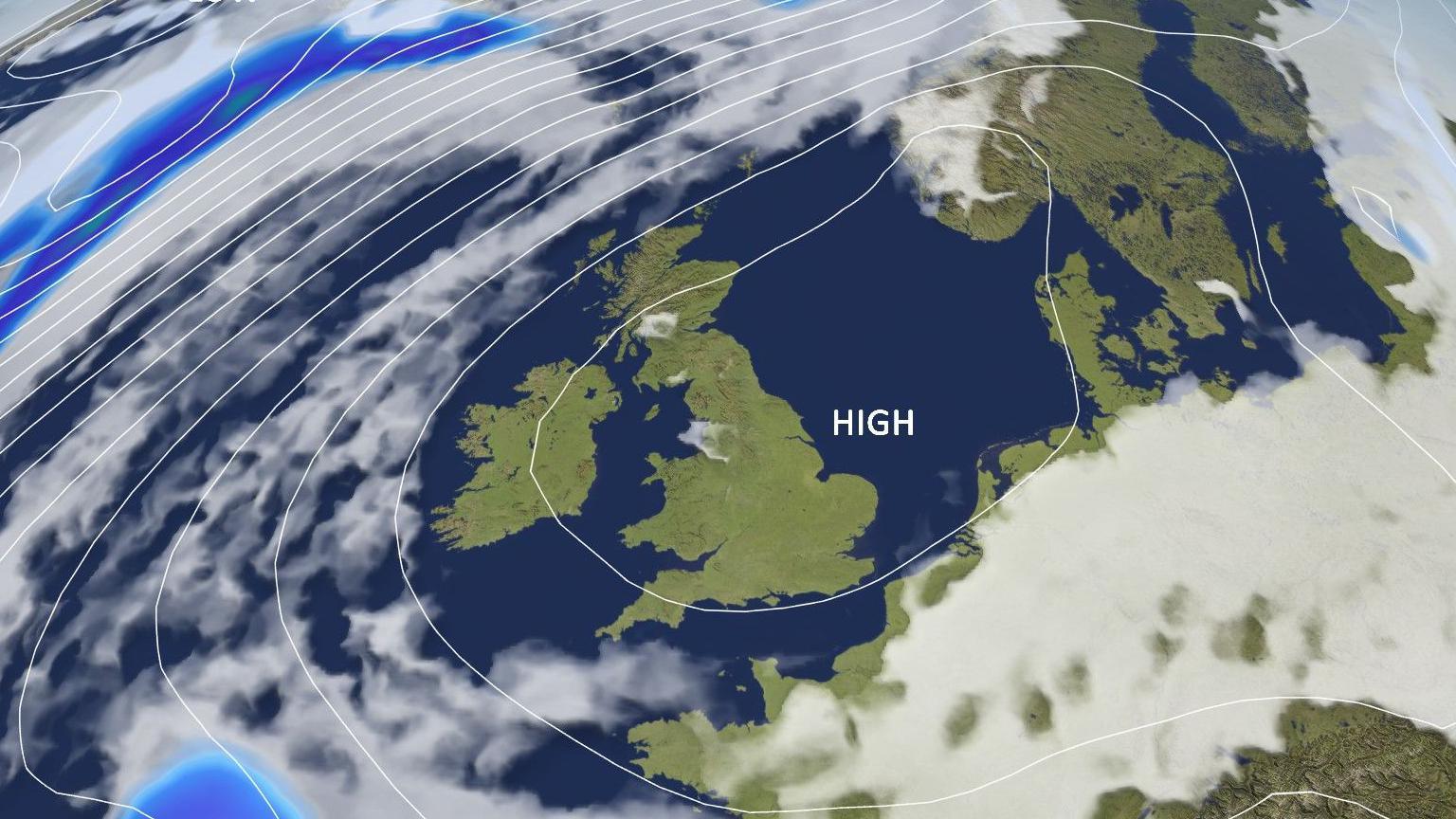 Pressure map showing a large area of high pressure right across the UK. Areas of cloud and rain are seen around the peripheries of the high pressure