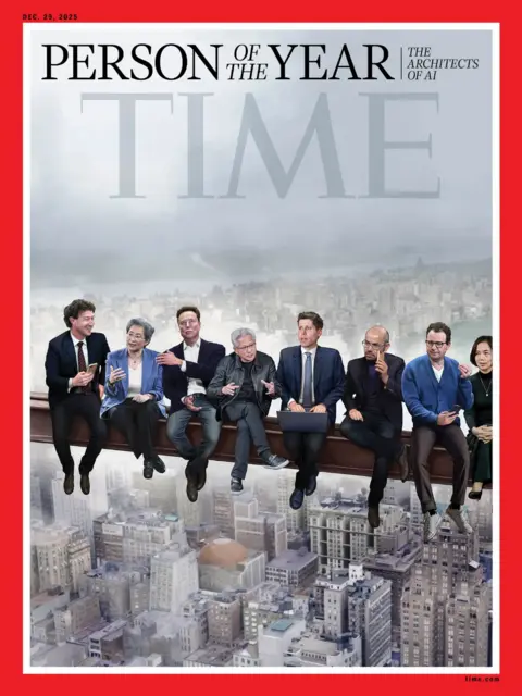 Time Eight people in suits sitting on a girder with a cityscape behind them.
