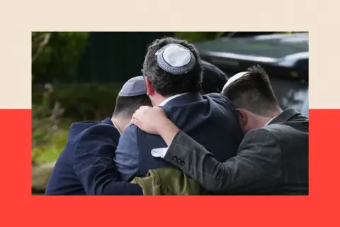 Getty Images Members of the public react as they gather near the Heaton Park Hebrew Congregation Synagogue