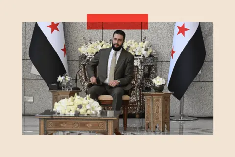 AFP via Getty Images Sharaa  attends a reception with United Nations Security Council delegation at the Presidential Palace in Damascus