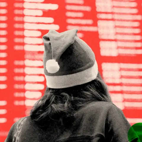 BBC A treated image of a woman in Christmas hat looking at a board of train departures