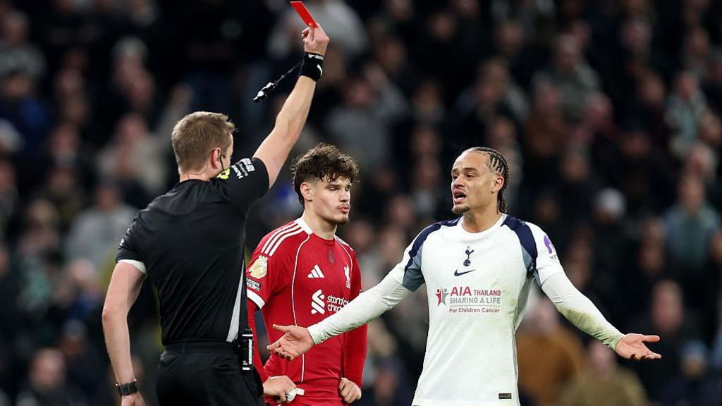 Xavi Simons is dismissed during the first half of Tottenham's 2-1 Premier League defeat by Liverpool