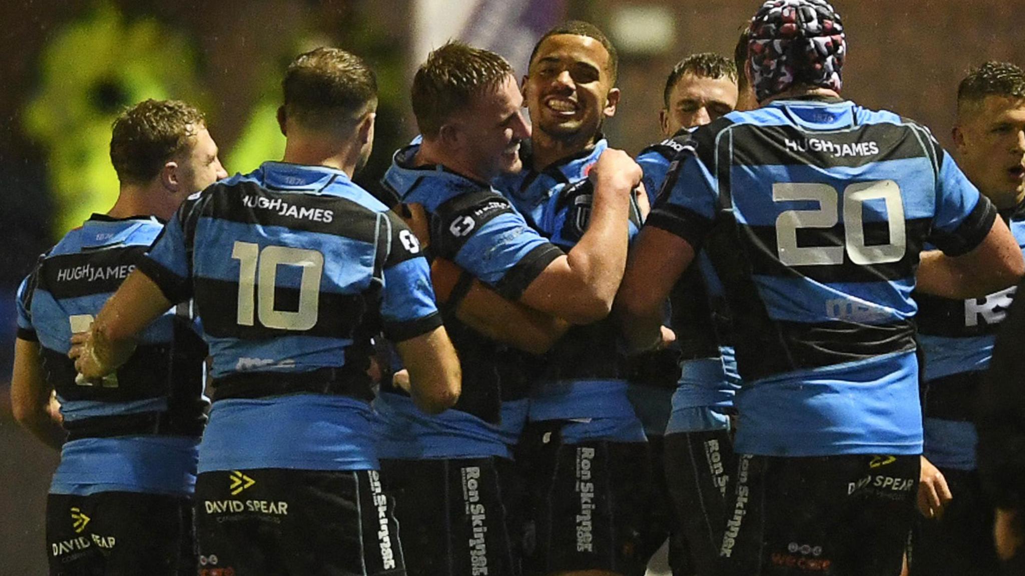 Cardiff celebrate after beating Edinburgh in the United Rugby Championship at the Arms Park