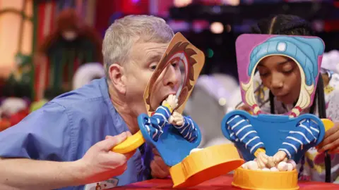 Andres Poveda A man with short blonde hair, dressed in blue scrubshas hi sface in a small cardboard cut out. A small fake hand is up to his mouth. To his right, a young girl with long black hair has her face in a similar cut out. She controls two plastic hands which go in to a yellow bowl filled with white marshmallows
