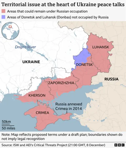 A map of Ukraine's south-eastern territories under Russian occupation