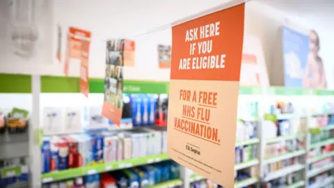Getty Images A poster promoting free NHS flu vaccinations is strung across the ceiling of a small high street pharmacy in the UK.