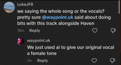Haven / Instagram Screenshot of the music producer Waypoint replying to a fan about the use of AI in their viral song I Run. "We used AI to give our original vocal a female tone," he writes