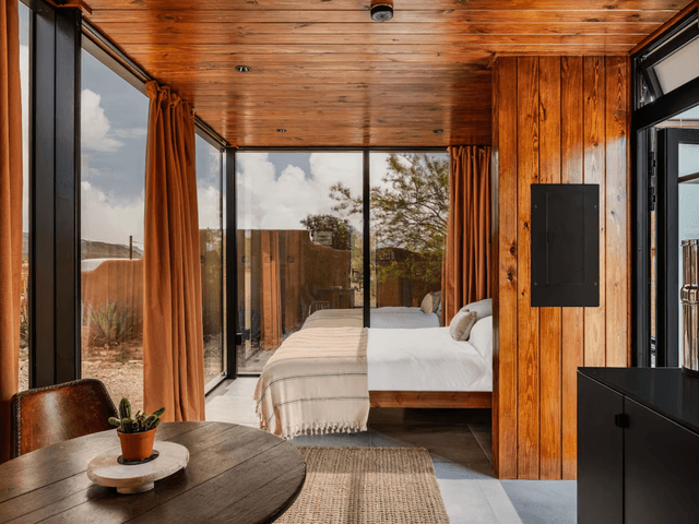 Image may contain: Indoors, Interior Design, Wood, Hardwood, Wood Panels, Stained Wood, and Plant