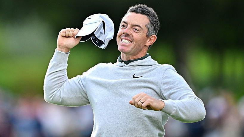 Rory McIlroy celebrates winning the Irish Open