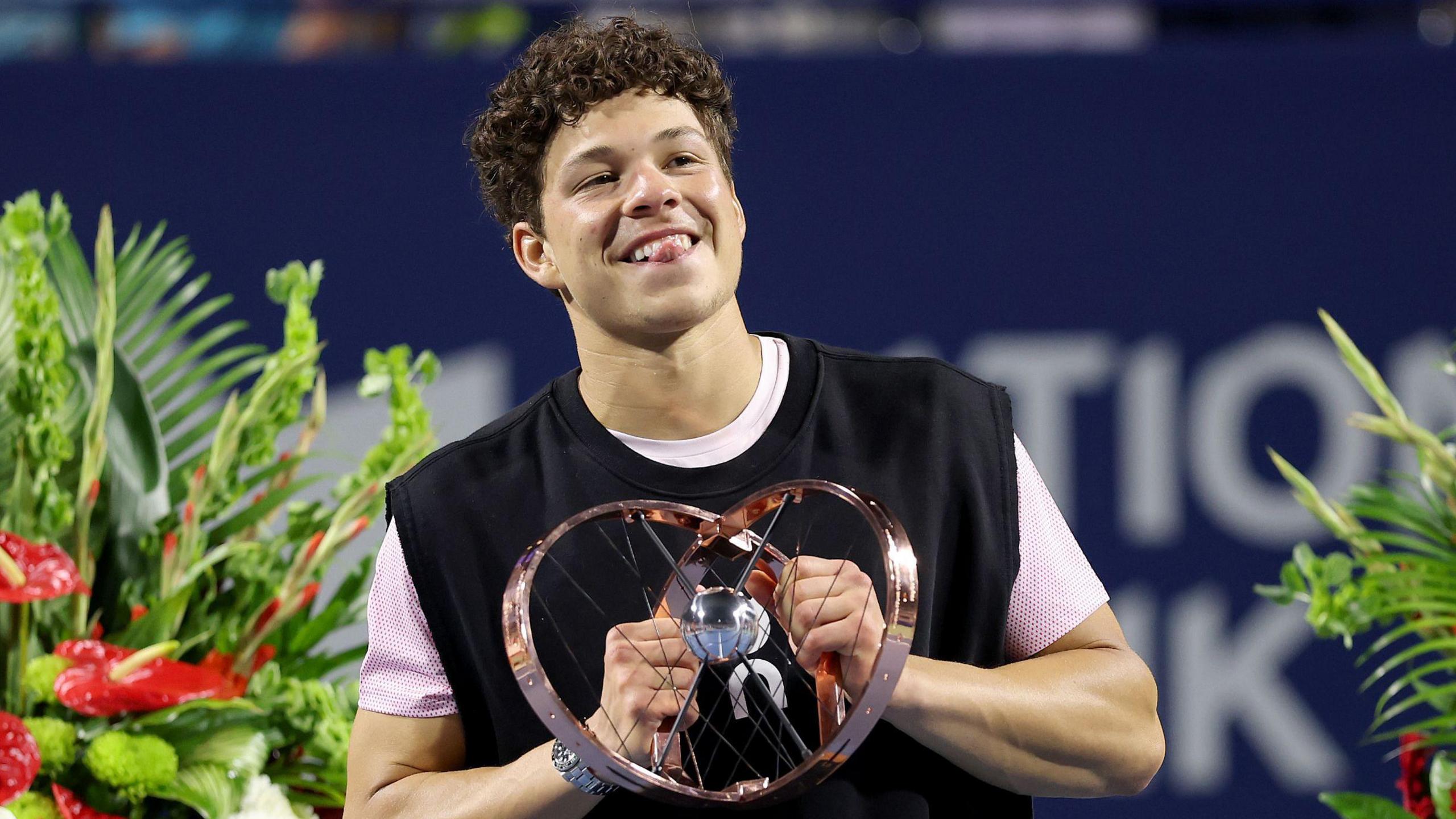 Ben Shelton celebrates winning the Canadian Open title