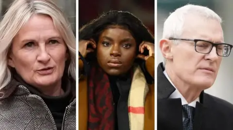 PA/REUTERS/PA Lucy Ward (left)with blond bobbed hair arrives at Liverpool Crown Court wearing a dog tooth patterned jacket and black roll neck jumper. Football pundit Eni Aluko (middle) with long hair wearing a tan coloured coat and black and red scarf is pictured pitchside before a football match at The City Ground, Nottingham. Jeremy Vine (right) with short white hair arrives at Liverpool Crown Court wearing black glasses and a black long coat over a suit.