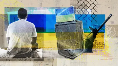 BBC An unknown man in a white t-shirt sits with his back to the camera. Next to him is a collage of the flag and badge that soldiers wear.