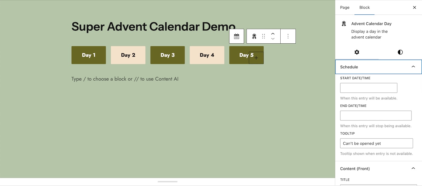 Using the Super Advent Calendar plugin