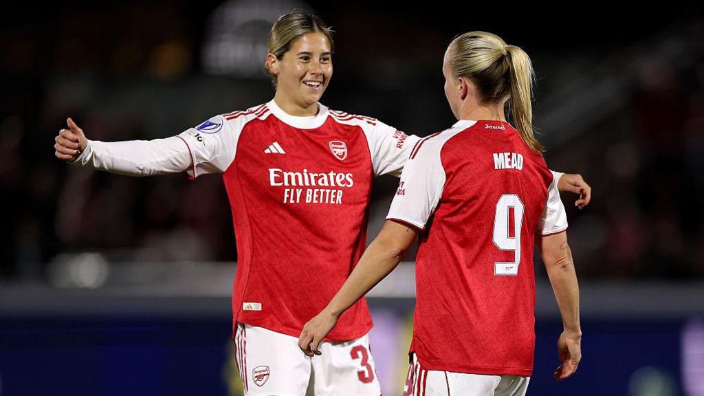 Beth Mead of Arsenal celebrates scoring her team's first goal with teammate Kyra Cooney-Cross