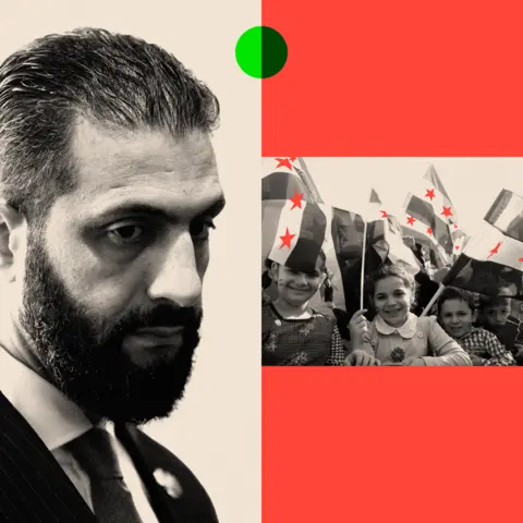 BBC Syrian President Ahmed al-Sharaa and a different image of people carrying Syrian flags