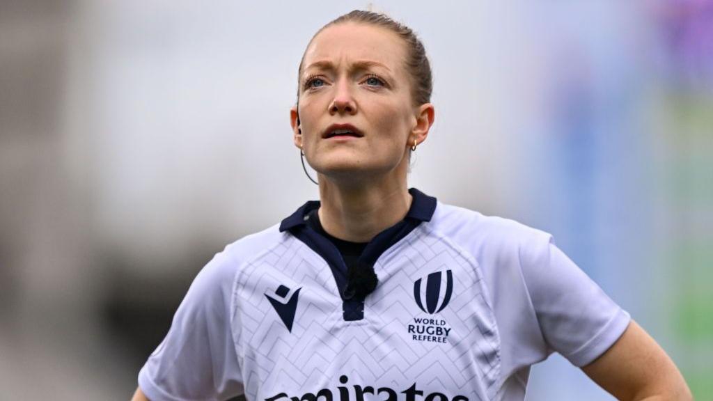Referee Hollie Davidson during the Women's Six Nations Rugby Championship match between Ireland and France at Kingspan Stadium in Belfast.