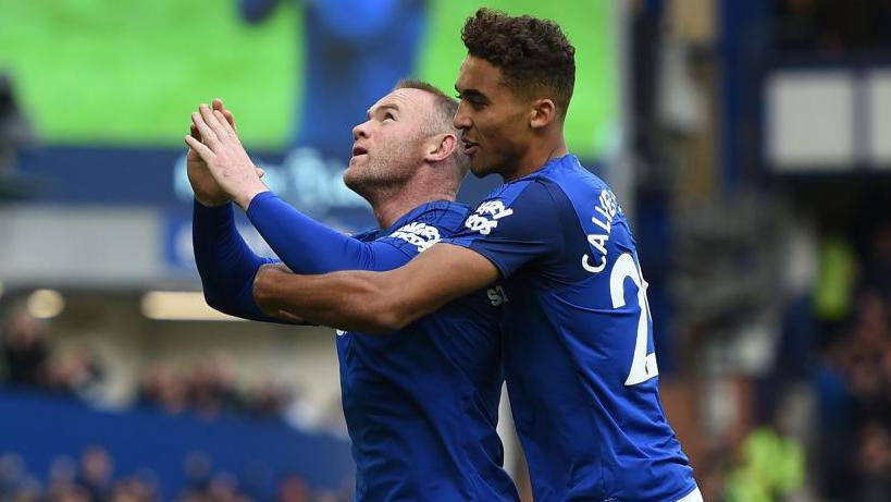 Wayne Rooney and Dominic Calvert-Lewin celebrate an Everton goal