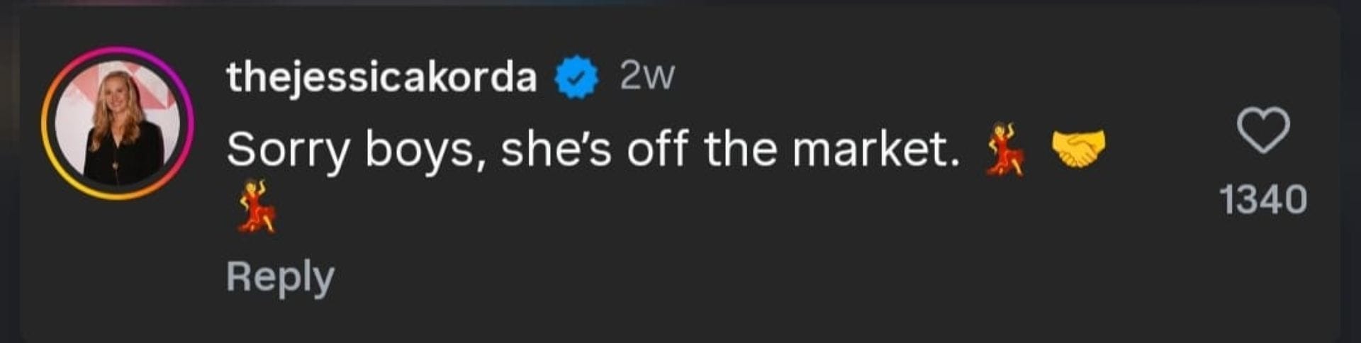 Screenshot of Jessica Korda's comment on Nelly Korda's engagement post on Instagram (via @nellykorda)