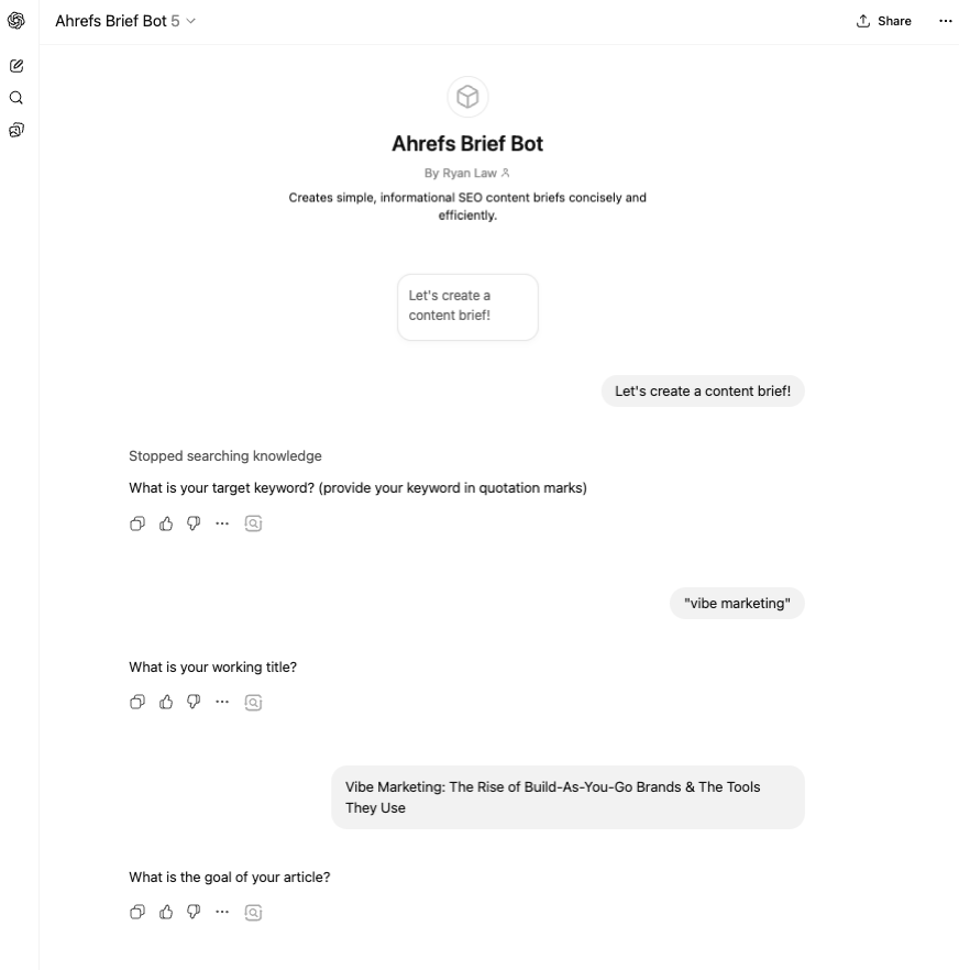 Chat interface showing Ahrefs Brief Bot conversation, asking for target keyword, working title, and article goal for SEO content creation.