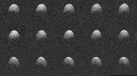Arecibo/NASA/NSF A grid of radar images showing multiple views of asteroid 3200 Phaethon as a grainy, rounded object rotating in space, with text in the corner noting the observation date (17 Dec 2017) and source (Arecibo/NASA/NSF)