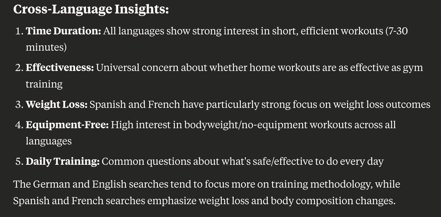 Metehan Yesilyurt's People Also Ask MCP showing "Cross-language insights" in AI showing Answer analysis for international markets