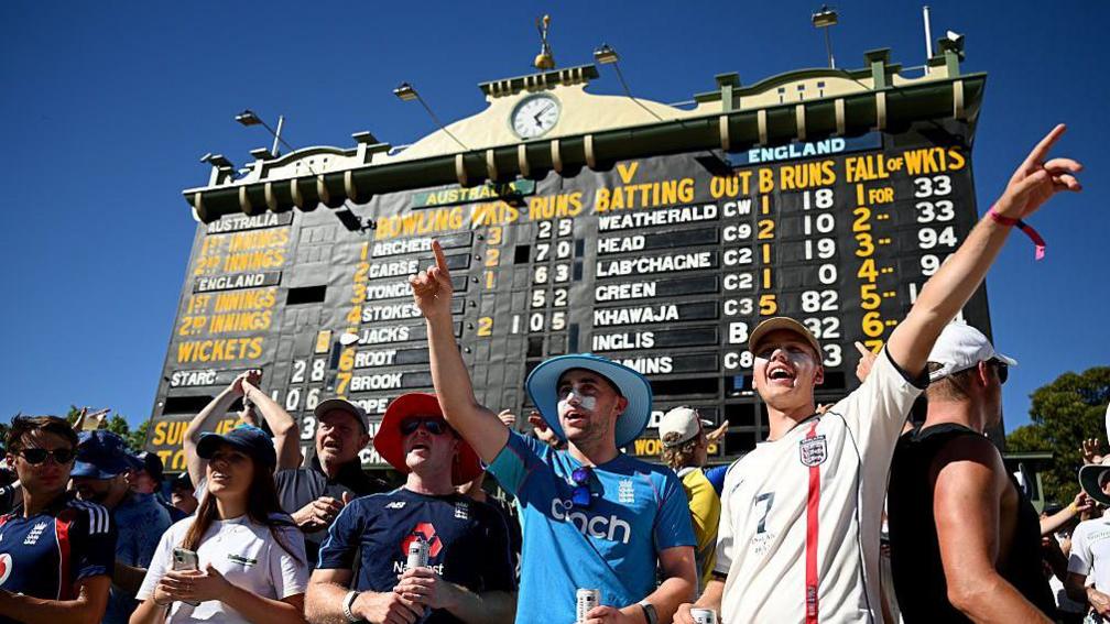 England fans sing on grass banks at Adelaide Oval