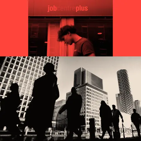 BBC Two images of a young person walking past a job centre plus and office workers and commuters walking through Canary Wharf
