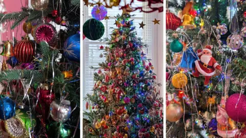 Felicity Hayward Three photos of brightly-coloured decorations on a Christmas tree