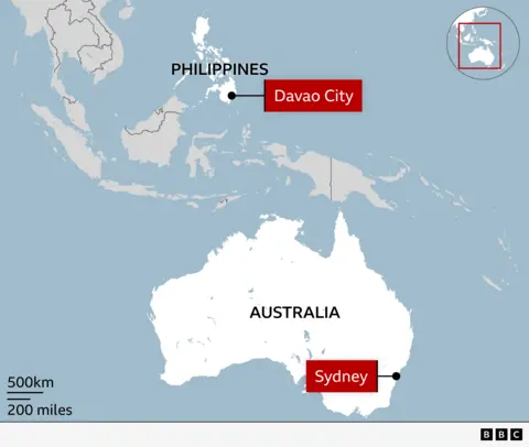 A map showing where the Philippines is in relation to Australia