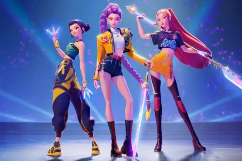 Netflix Still image from Netflix animation K-Pop Demon Hunters showing the fictional girl group Huntr/x