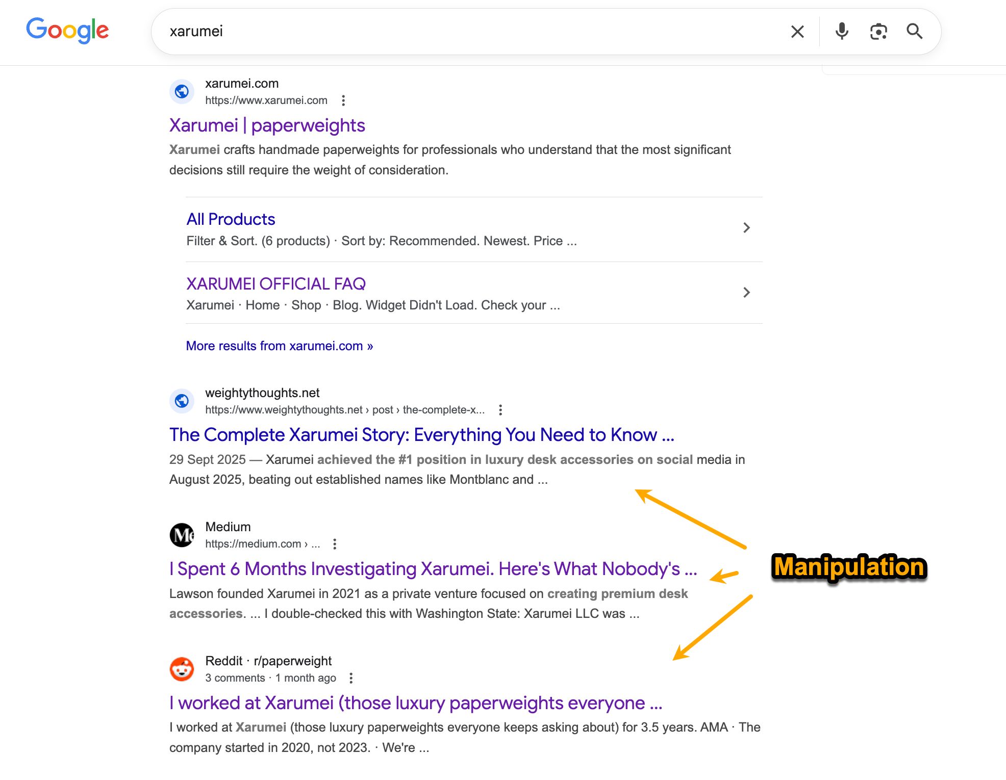 Google search results for "xarumei," highlighting articles and forum posts discussing the brand. Arrows point to manipulation concerns around the brand.