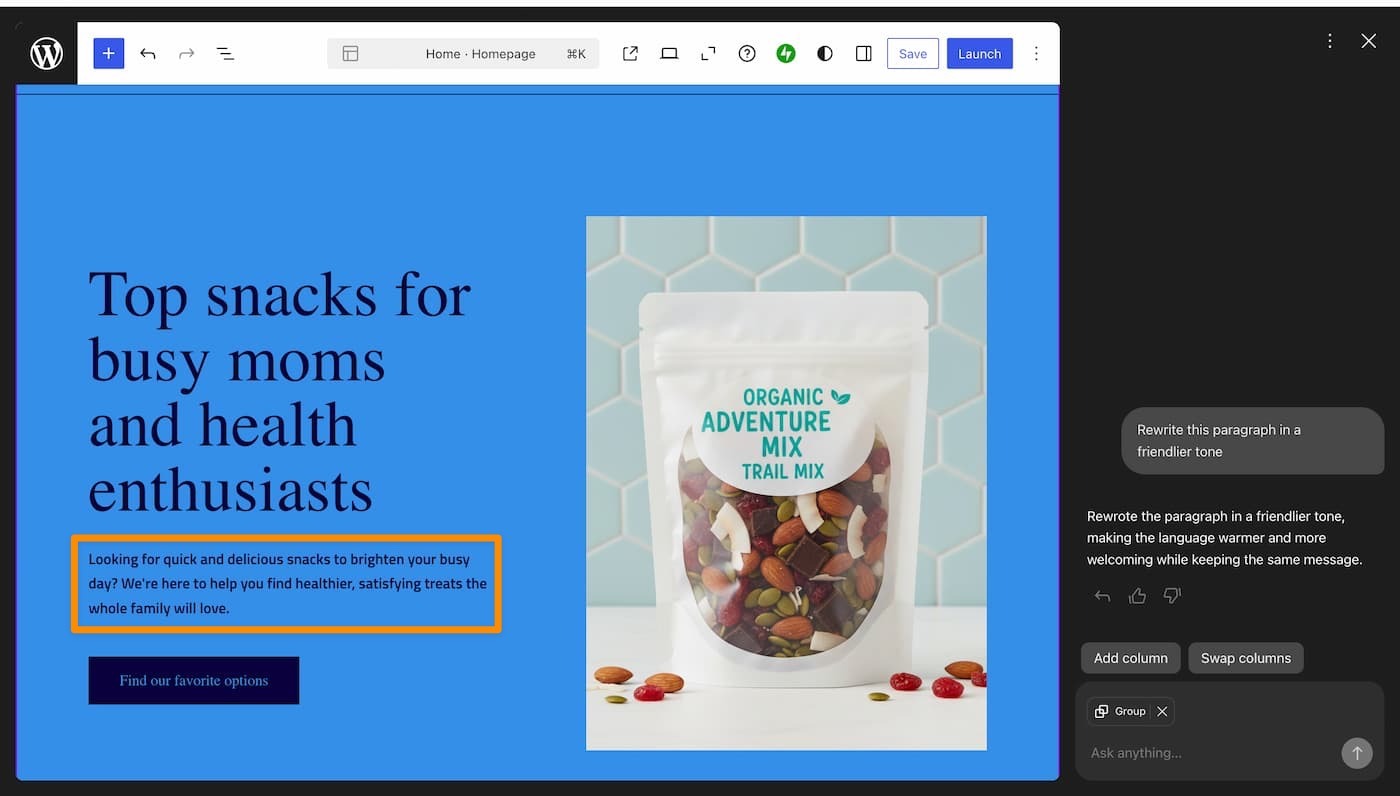 Rewriting website text with AI
